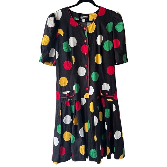 Vintage Pants - Vintage 90s Romper One-Piece Skort Black Polka Dot Size L/XL Bright Loud